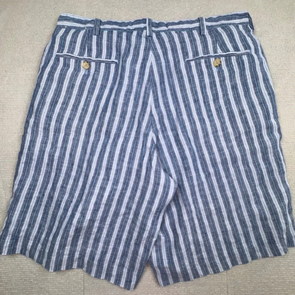 Charleston Khakis Linen Shorts Mens 34 Blue White Striped Flat Front Casual